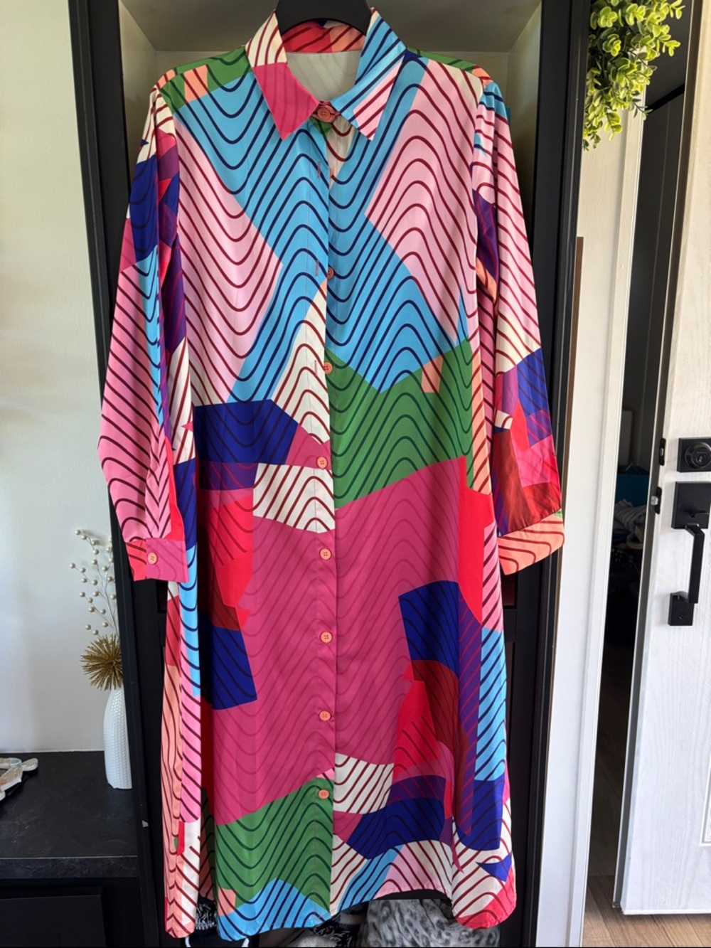 SHEIN Multicolor Wave-Print Long Sleeve Button-Front Dress
